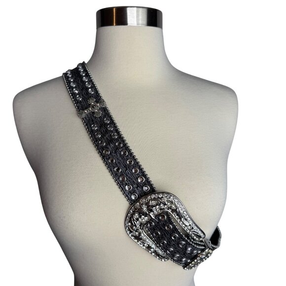 VTG Black Leather Belt Rhinestone Buckle and Crosses Witchy Goth Vampire Diaries - Picture 10 of 11